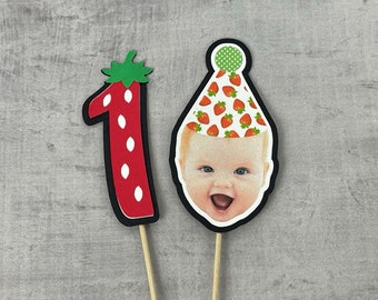 Face Photo Strawberry Cupcake Toppers - Berry 1st Birthday - Custom Face Toppers - Strawberry Party Decor - Strawberry Age - 12 toppers set