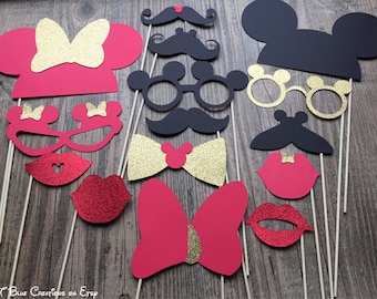 Mickey & Minnie GLITTER Photo Props - Red, Gold, Black - set of 15 - Birthday Props, Photobooth Props, Party Props, Disney Wedding