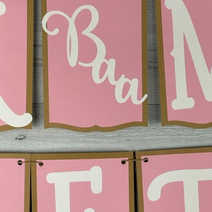 May include: Pink and brown banner with the words "Baby" in white cursive letters.