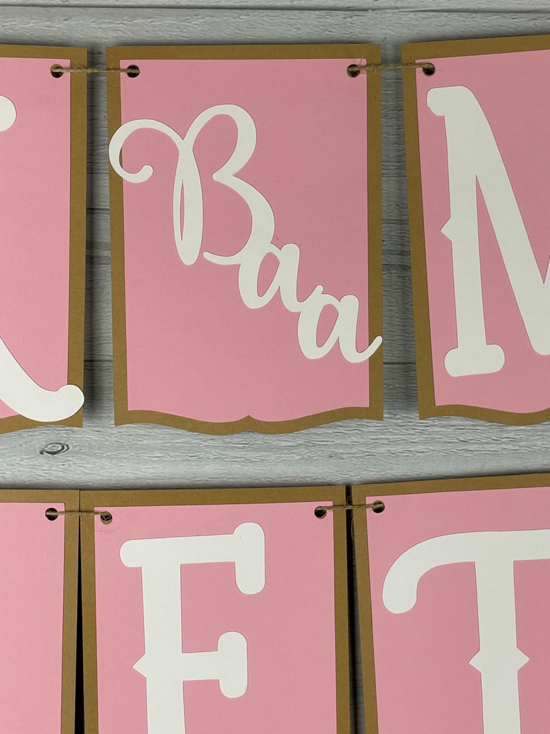 May include: Pink and brown banner with the words "Baby" in white cursive letters.