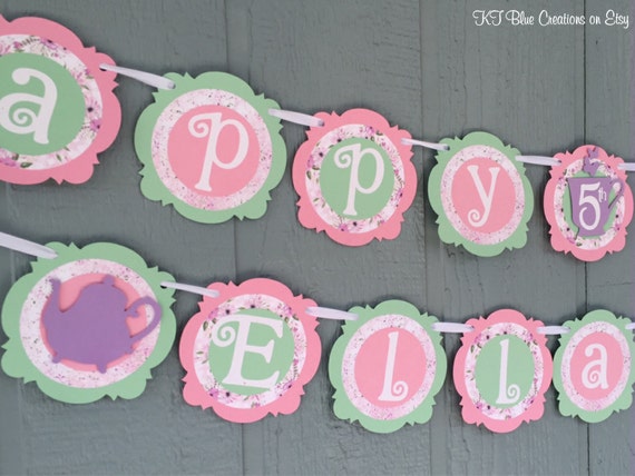 TEA PARTY Birthday Banner - Tea party Birthday -Shabby Chic Floral Prints/Butterflies - Personalized - Mint/Light Pink/Lavender - Tea Garden Il_570xn