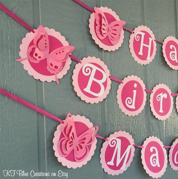 Butterfly Birthday Banner - Personalized with Name - Shades of Pink & White - 3 pc Banner Il_570xn