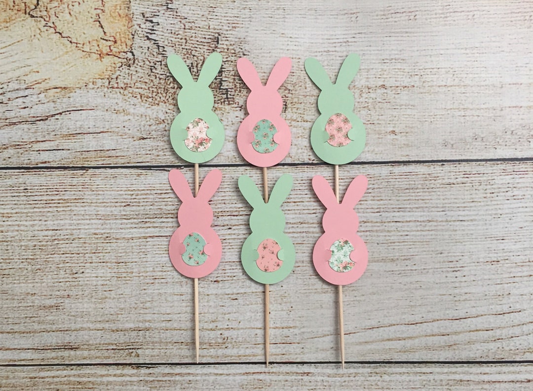 Set of 12 - Shabby Chic Bunny Cupcake Toppers - Mint/pink/floral - Some ...