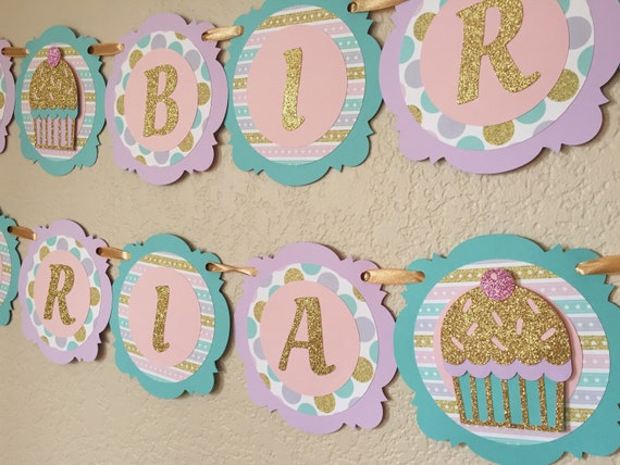 cupcake birthday banner gold glitter light pink aqua cupcake birthday banner