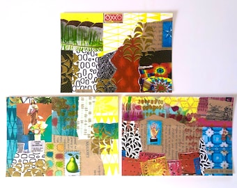 May include: Three colorful collage cards with various textures and patterns. The cards feature a mix of geometric shapes, text, and images, including a pear, a hand, and a person in a robe. The cards are made of paper and have a vintage aesthetic.