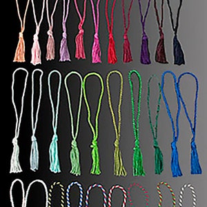 May include: Assortment of colorful tassel cords with various colors and patterns. The cords are approximately 18 inches long and have a tassel at the end.