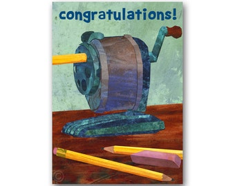 GRADUATION CARD 2026 - Yellow pencils - Pencil sharpener - Collage art by Linda Henry (GRAD005)