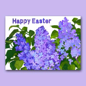 May include: A greeting card with a purple floral design and the words "Happy Easter" in purple. The card features a watercolor illustration of lilac flowers with green leaves against a white background.