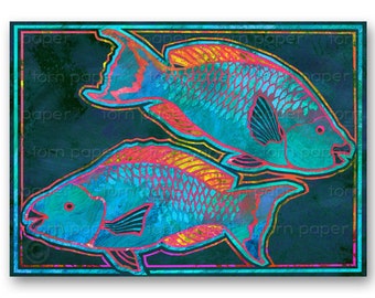 PARROT FISH - 5"x7" Collage Art Card or frame-able Print - "The Wonders of Nature" Collection - Colorful Tropical Reef Fish (CVAL042)