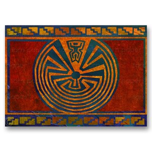May include: A Southwestern-style design featuring a blue and orange circular pattern with a stylized human figure in the center. The design is set against a red background with a gold and blue border.