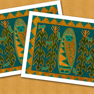 May include: Two cards with a turquoise background and gold trim. Each card features a stylized image of a person in a corn husk dress standing in a field of corn. The corn is green and gold.