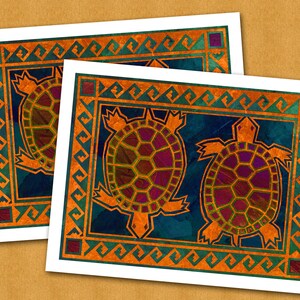 May include: Two colorful turtle illustrations on a dark blue background with a geometric orange and green border. The turtles have a mosaic-like shell with shades of purple, orange, and green.