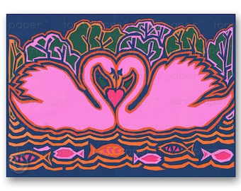Pair of SWANS - Love Birds - Love - Wedding - Engagement - Anniversary - Valentine's Day  5"x7" CARD or PRINT - 2 Color variations (CVAL026)