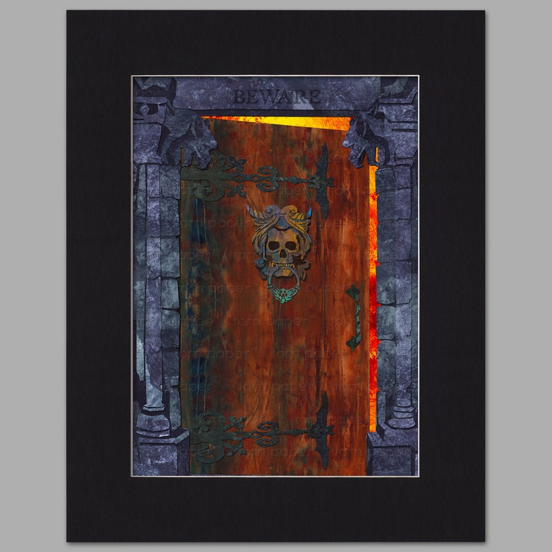 May include: A digital art print of a weathered wooden door with a skull door knocker. The word "BEWARE" is above the door. The door is framed by stone columns and ornate metal hinges.