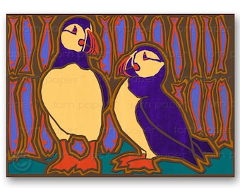 PUFFINS in LOVE - "The Wonders of Nature" Collection - Love, Wedding, Engagement, Valentine's Day Card or Print with a Free Mat (CVAL023)