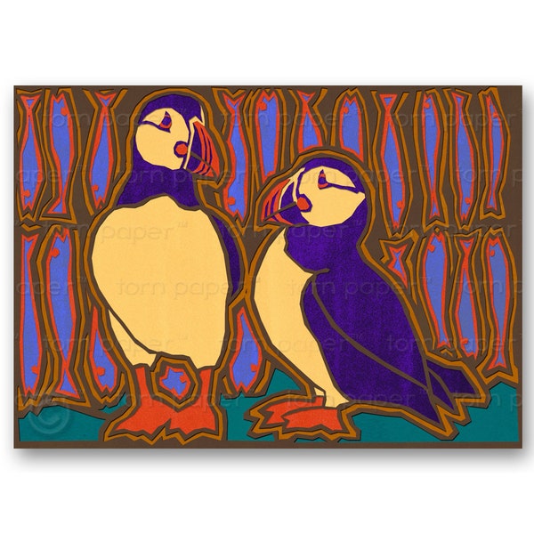 PUFFINS in LOVE - "The Wonders of Nature" Collection -Love, Wedding, Engagement, Valentine's Day Card or Print with a Free Mat (CVAL2013023)