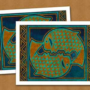 May include: Two stylized fish facing each other, with a teal and gold geometric pattern on a dark blue background. The fish are outlined in gold and set within a gold geometric frame.