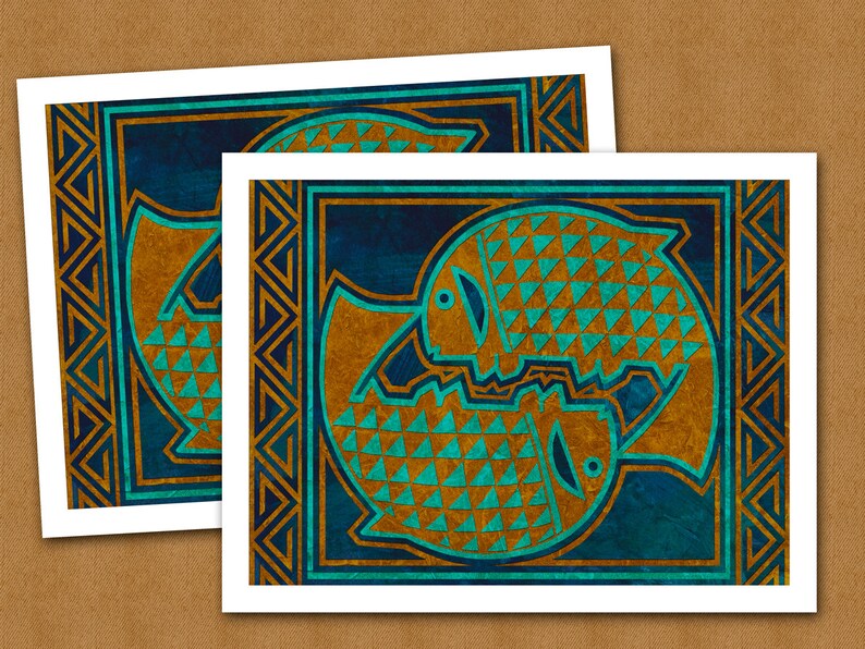 May include: Two stylized fish facing each other, with a teal and gold geometric pattern on a dark blue background. The fish are outlined in gold and set within a gold geometric frame.