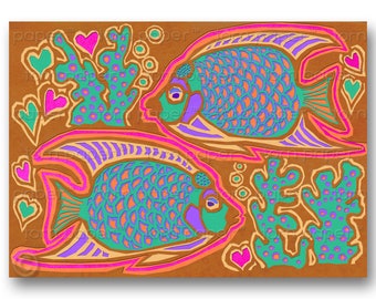 ANGELFISH - Tropical Fish Greeting CARD or Matted PRINT - 2 color options  - I Love You - Wedding - Engagement - Valentine's Day (CVAL003)