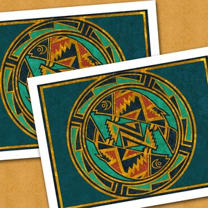 May include: Two prints of a Native American-inspired design featuring a turquoise background with gold, red, and black geometric patterns. The design depicts two stylized fish swimming in a circle.