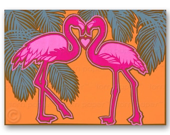 FLORIDA FLAMINGOS - Tropical Love Birds - Greeting Card or Print - 5 color variations - Love - Wedding - Anniversary - Valentine (CVAL013)