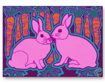 BUNNY RABBITS - Easter - Valentine's Day - Love - Wedding - All Occasion Greeting Card or Matted Print - 2 color variations CVAL051)