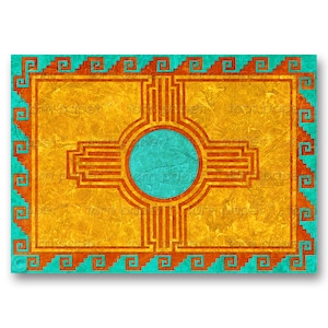 May include: A turquoise blue and orange geometric design on a gold background. The design is a stylized cross with a circle in the center. The design is surrounded by a turquoise blue border with a repeating geometric pattern.