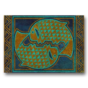 May include: A stylized image of two fish facing each other, with a teal and gold geometric pattern. The fish are set against a dark blue background with a gold and teal border.
