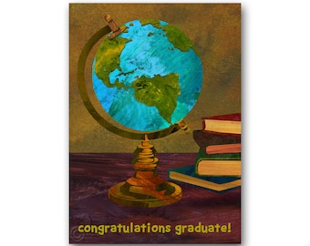 Graduation Card 2026 – Globe and Books Design, Congratulations Graduate (Print Available)(GRAD021)