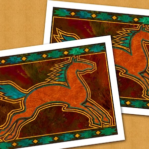 May include: Two stylized orange horses with turquoise and gold accents on a dark brown background with a turquoise and gold geometric border.