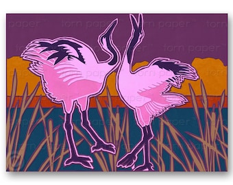 CRANE Mating Dance - All Occasion Greeting CARD or Matted PRINT - 2 sizes - 2 color options - Love - Wedding - Anniversary (CVAL008)