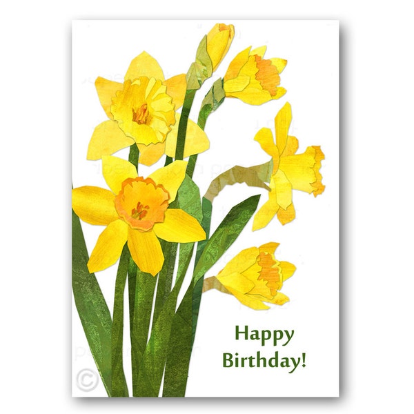 HAPPY BIRTHDAY - Daffodils - 5"x7" Springtime Flowers - Paper collage design by Linda Henry (CBDAY201405)
