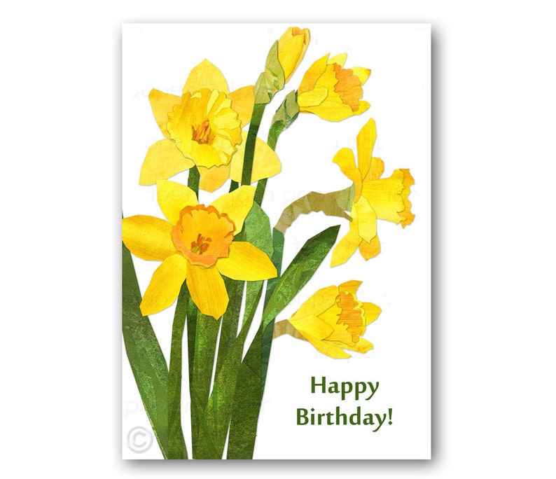 HAPPY BIRTHDAY Daffodils 5x7 Springtime Flowers Paper Collage Design by