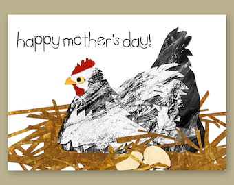 For the Mother-To-Be - Mother's Day - Cute Greeting Card - Mother Hen sitting on her eggs - 5"x7" Collage Art Card by Linda Henry (CMDAY03)