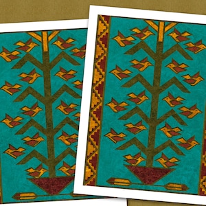 May include: Two turquoise blue cards with a stylized tree design featuring a brown trunk and branches with yellow birds. The tree is surrounded by a red, yellow, and brown border.