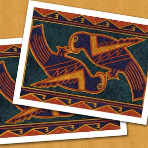 May include: Two stylized birds in blue, orange, and yellow colors are facing each other with their wings outstretched. The birds are on a dark green background with a red, orange, and yellow geometric pattern border.