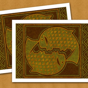 May include: Two stylized fish in a brown and green geometric frame. The fish are made of a pattern of small triangles and are facing each other.