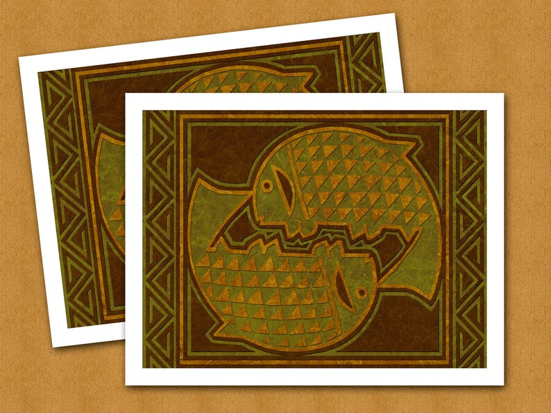May include: Two stylized fish in a brown and green geometric frame. The fish are made of a pattern of small triangles and are facing each other.