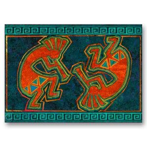 May include: Two orange Kokopelli figures with geometric designs on a teal background with a turquoise border.
