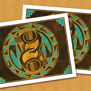 May include: Two prints of a Native American inspired design featuring a stylized bird in gold and turquoise on a dark brown background.