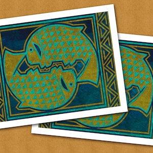 May include: Two stylized fish facing each other, with a teal and gold geometric pattern, set against a dark blue background. The fish are framed by a gold and teal geometric border.