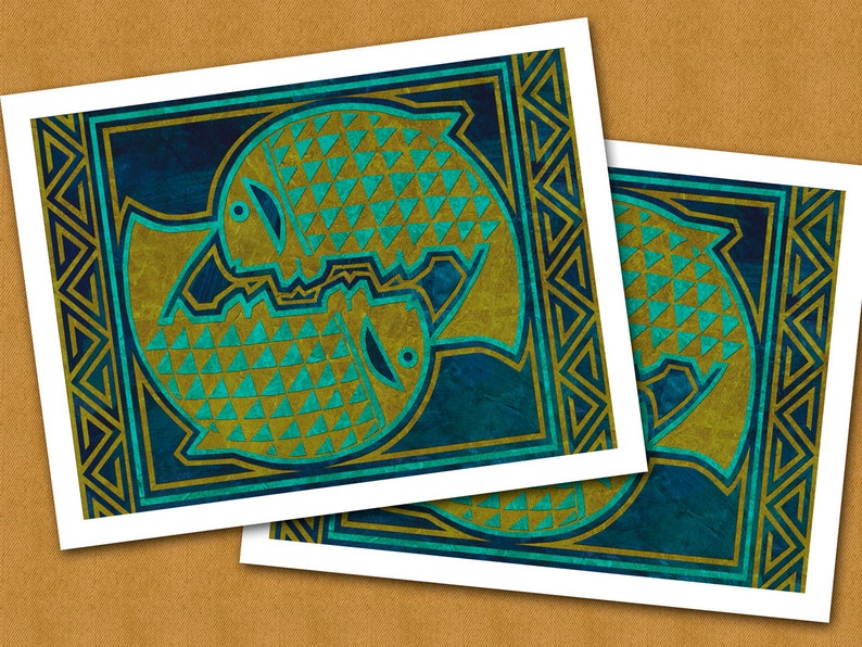 May include: Two stylized fish facing each other, with a teal and gold geometric pattern, set against a dark blue background. The fish are framed by a gold and teal geometric border.