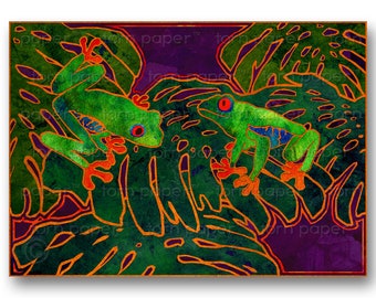Pair of TREE FROGS - "The Wonders of Nature" Collection - 5"x7" Collage Art Card or Print - Tropical décor - design by Linda Henry (CVAL047)