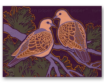 Pair of TURTLE DOVES - Greeting Card or Matted Print - 2 color options - Christmas - Wedding - Anniversary - Design by Linda Henry (CVAL028)