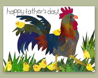 HAPPY FATHER'S DAY Card - Cute 5"x7" Greeting Card of a Rooster and all his little chicks - Collage Art design by Linda Henry (CFDAY01)