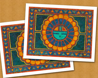 Native American KACHINI SUN SPIRIT - The Southwest Collection - Set of 2 Blank Note Cards - Original Design by Linda Henry (SWNC029)
