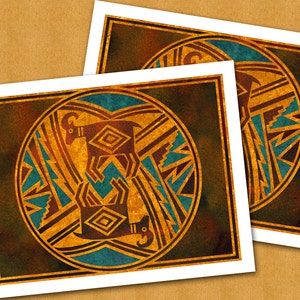 May include: Two art prints featuring a circular design with a ram and geometric shapes in shades of brown, gold, and teal. The prints have a white border and are set against a textured tan background.