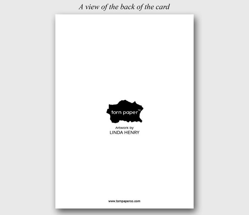 May include: A white card with the text "A view of the back of the card" at the top. The torn paper logo and "Artwork by LINDA HENRY" are centered. The website address www.tornpaperco.com is at the bottom.