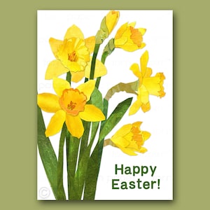 May include: A watercolor-style greeting card featuring a bouquet of yellow daffodils with green stems and leaves. The words "Happy Easter!" are printed in green at the bottom of the card. The background is white.