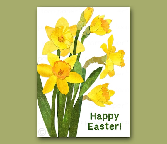 EASTER CARD or PRINT - Yellow Daffodils - 5"x7" Greeting Card - Springtime Garden Flowers - Paper collage design by Linda Henry (CEAS05)